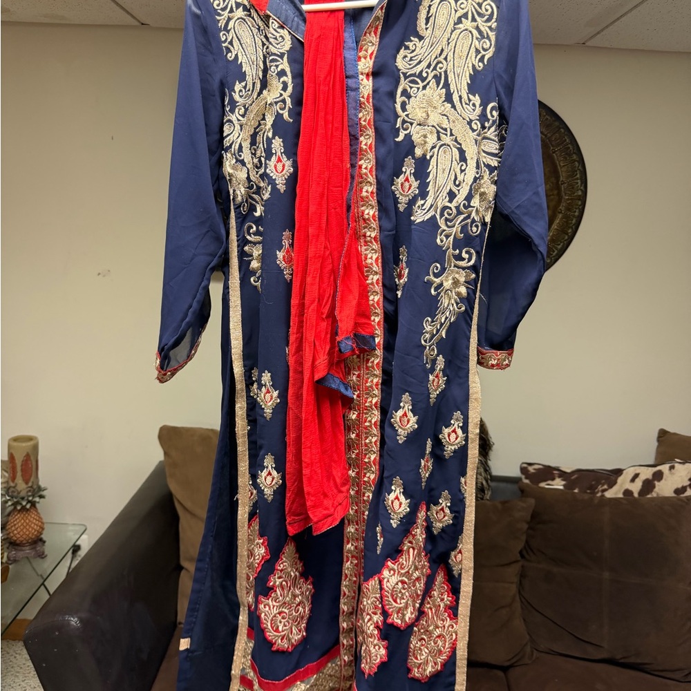 Elegant Blue and Red Embroidered Women's Coat